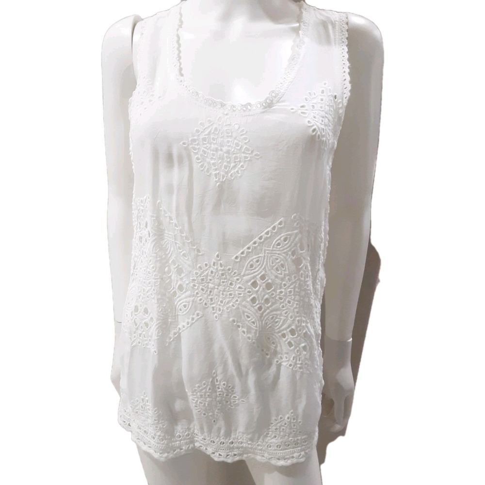 Johnny Was Top Swimwear Cover Up White Sz Small Embroidered Cut Out Sleeveless